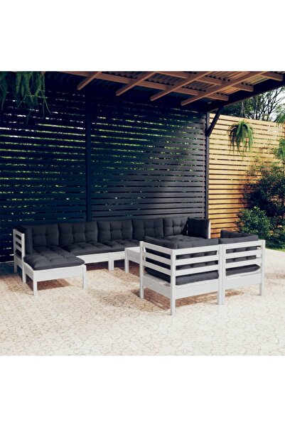 Concept Σετ επίπλων κήπου με μαξιλάρια, 10 τεμάχια, λευκό, μασίφ ξύλο πεύκου