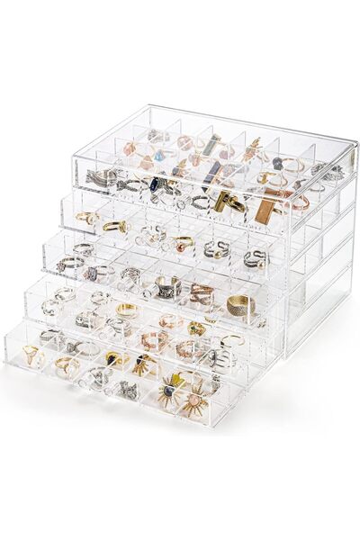 Arabest Acrylic Jewelry Storage Box, 5-Drawer Earring Holder Organizer with G...