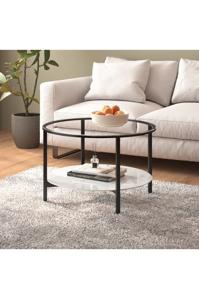 Concept Τραπεζάκι τσαγιού, λευκό και μαύρο μάρμαρο, σκληρυμένο γυαλί 70 cm