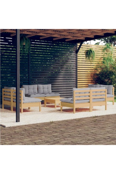 Concept Σετ επίπλων κήπου με μαξιλάρια, 9 τεμάχια, γκρι, μασίφ ξύλο πεύκου