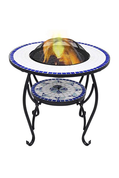 Concept Masă cu vatră de foc, mozaic, albastru și alb, 68 cm, ceramică