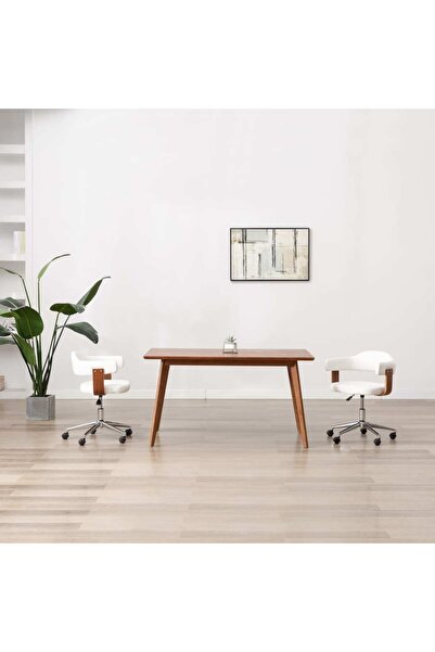 Concept Scaune pivotante de masă, 2 buc., alb, lemn curbat & piele