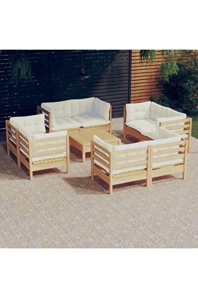 Concept Σετ επίπλων κήπου με κρεμ μαξιλάρια, 9 τεμάχια, μασίφ ξύλο πεύκου