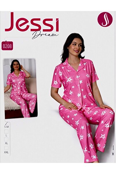 Dinç Spor Women's Summer Pajama Set Pink Star Patterned Buttoned Comfortable ...