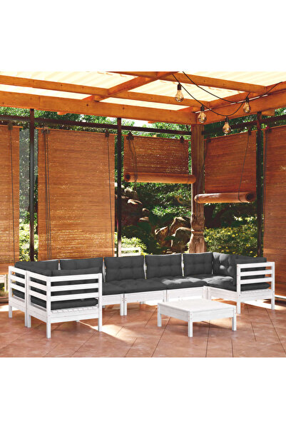 Concept Set mobilier de grădină cu perne, 8 piese, alb, lemn masiv pin