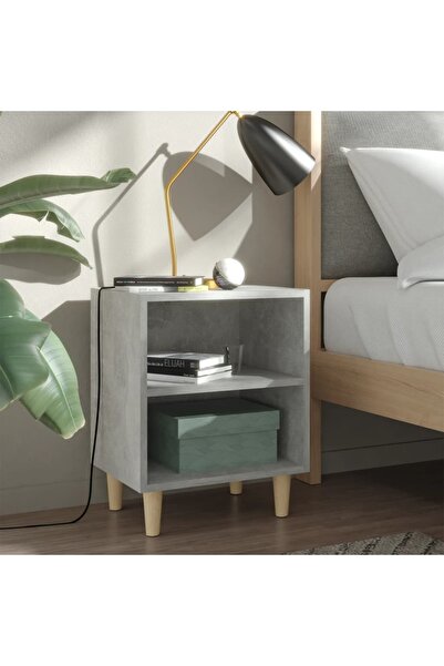 Concept Κομοδίνο με μασίφ ξύλινα πόδια, γκρι τσιμέντου, 40x30x50 εκ.