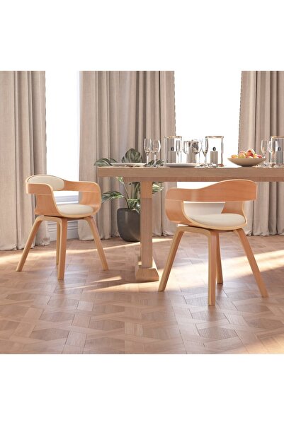 Concept Scaun de bucătărie, 2 buc., crem piele ecologică și lemn curbat