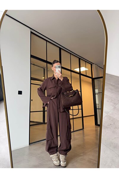 BB Bensu Buyruk TENCEL™ Fabric Pocketed Shirt Cargo Pants Suit Brown