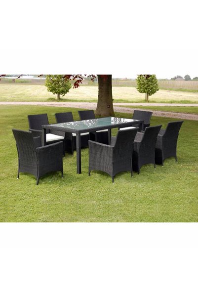 Concept Outdoor furniture set with cushions, 9 pieces, black, polyrattan