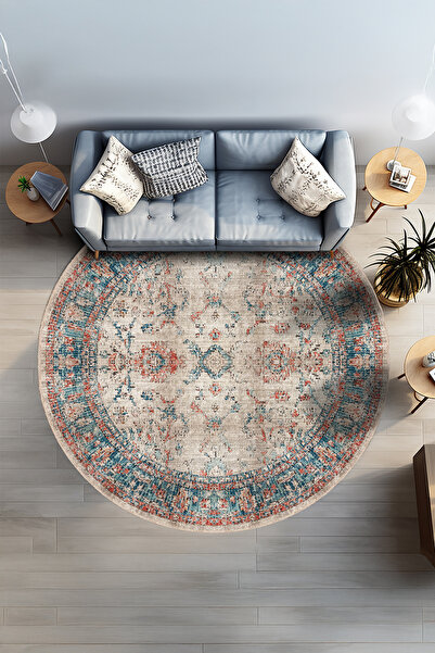 BigArts Home Mavi Kiremit Desenli Şönil Halı Yuvarlak Mutfak Salon Halısı Kay...