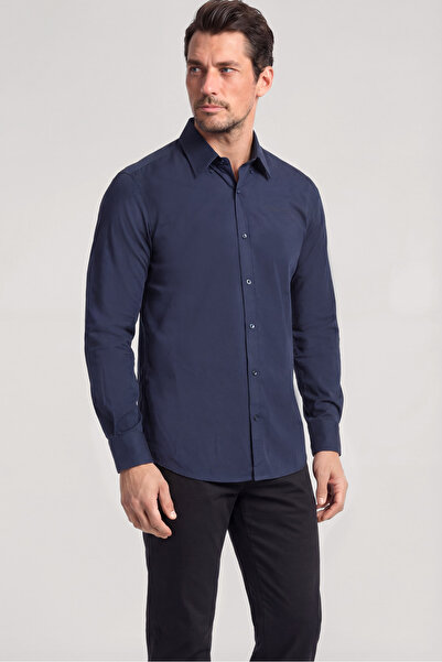 PAUL&SHARK Men's Slim Fit Logo Long Sleeve Navy Blue Shirt with Logo Detail o...