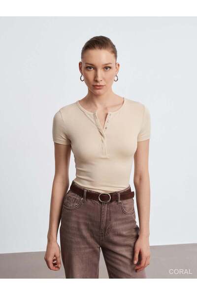 Coral Snap Button Short Sleeve Badi 31704 Stone