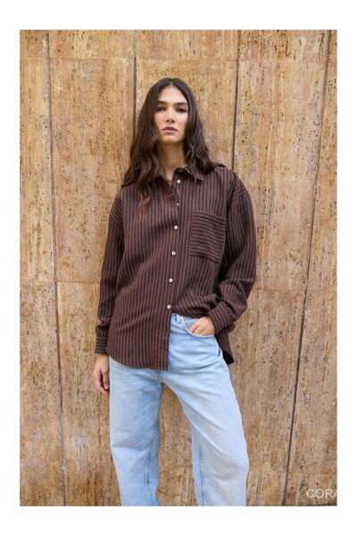 Coral Embossing Striped Single Pocketed Shirt 5000 Coffee