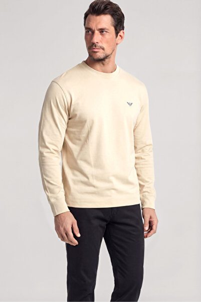 Emporio Armani Men's Eagle Logo Embroidered Round Neck Long Sleeve Mink T-Shi...