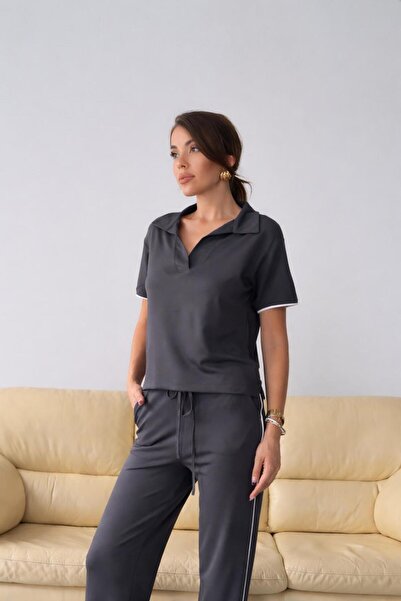 DE'VESTA Polo Yaka Μοντάλ Stripe με ρέλι Basic Daily Άνετο Κομψό Σετ Φόρμας