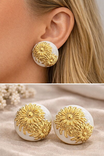 DEMOKAN Women's Earrings Vintage Big Button Gold Flower Pattern Earrings