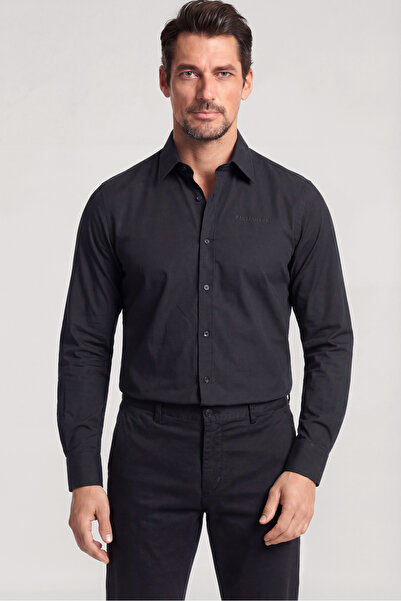 PAUL&SHARK Men's Slim Fit Logo Long Sleeve Black Shirt with Logo Detail on Ch...