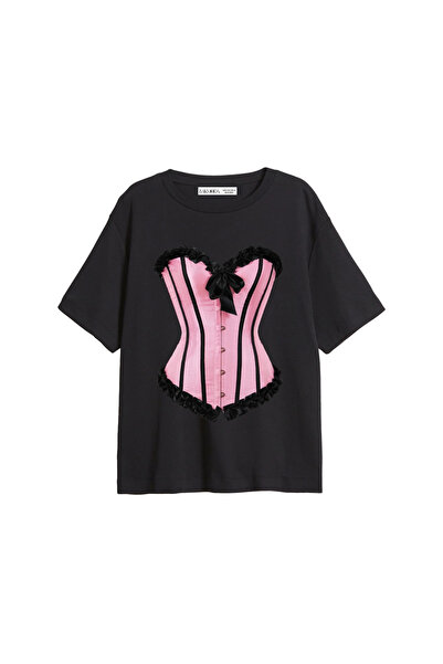 CİNEMA MODA Baby Pink Printed Relaxed Fit Black Women's Tshirt