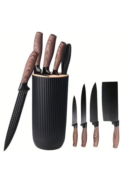 OSOOKE 6-Piece Kitchen Knife Set with Block | Hammered Black Non-Stick Blades...