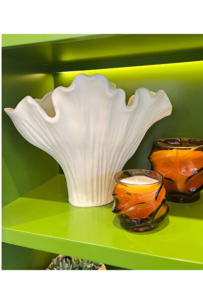 Mioletti Krem Ginkgo Yaprak Vazo Dekoratif Obje