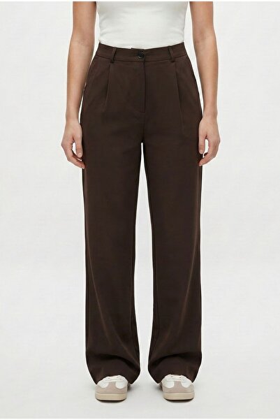 Ritnice Women's Cedric Poli Viscose Buttoned Back Elastic Brown Woven Trousers