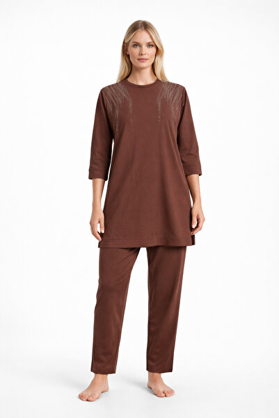 Mutlu City Women's Middle Age Regular Fit Two Thread Combed Cotton Stone Embr...