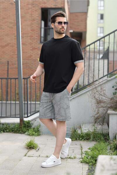 Madmext Black 100% Cotton Pack Crew Neck Shorts T-Shirt Set E7359