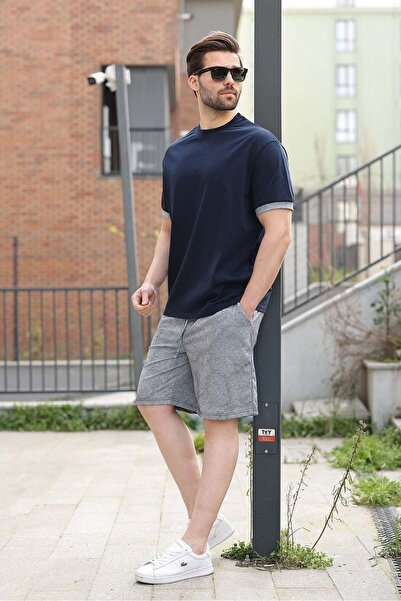 Madmext Navy Blue 100% Cotton Piece Crew Neck Shorts T-Shirt Set E7359