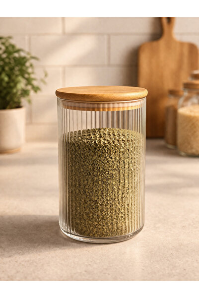 Kitchen Way Bamboo Gasketed Borosilicate 1 Liter Round Striped Jars Kw-123