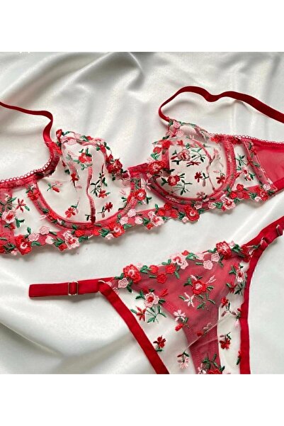 BanaTAP Princess Soft Red Flower D Patterned D Lace Detailed B Wired Bra & Th...