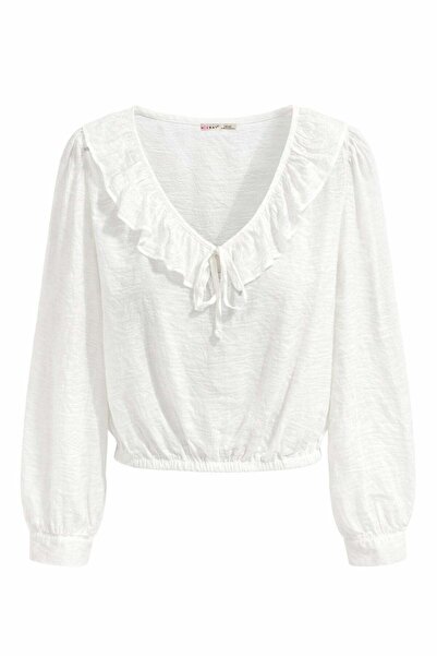Mixray 4863 Women's Ruffle Detail Tie-Detail Collar Long Sleeve Blouse Ecru