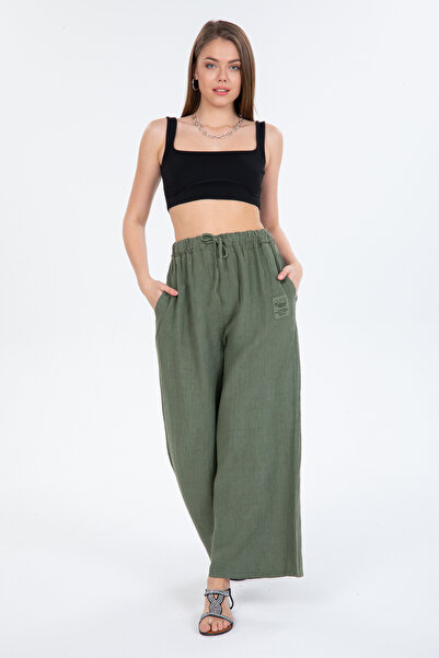 della moor Women's Khaki Italian B Drawstring Waist B Wide-Leg K Linen Trouse...