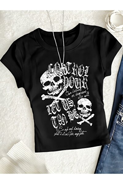 Touz Bluză crop neagră cu imprimeu retro, lungime medie, cu curea