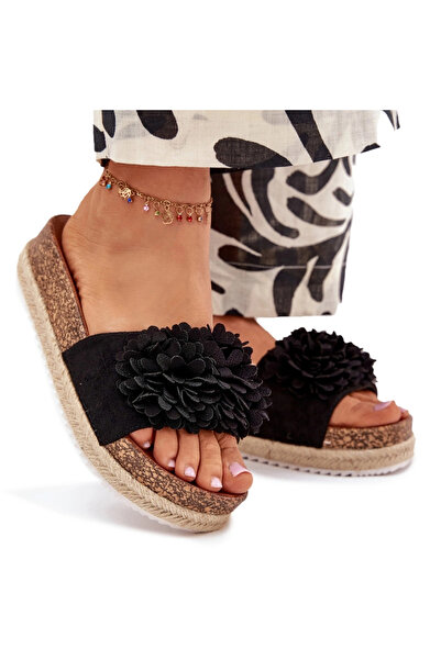 BOTO Papuci de damă cu platformă și flori decorative, negri, Tessara 41