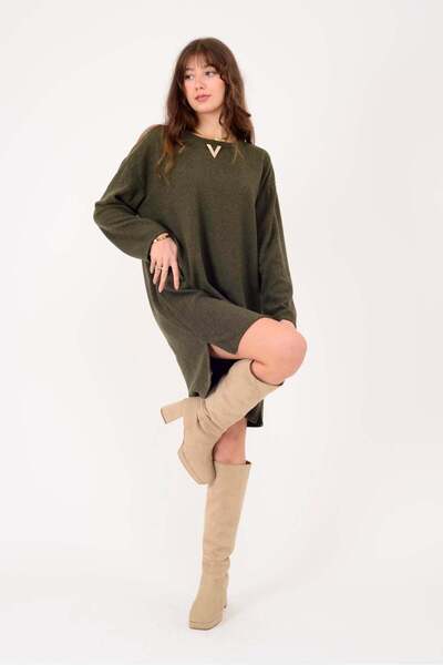 Park Moda 21458 V Broch Detail Silvery Tricot Dress Textured Sa