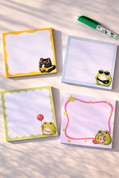 furikraft.co 4'lü Kedi/Kurbağa Notepad 9,5x9,5 cm – 50 Yaprak Not Kağıdı, Blo...