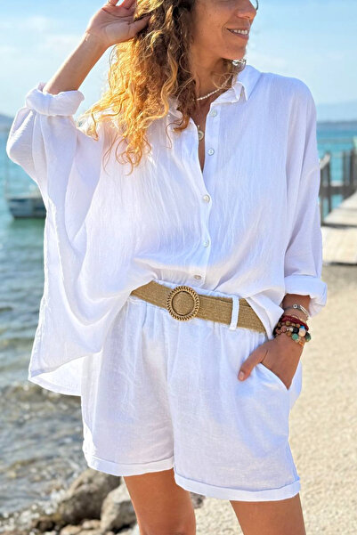 Güneşkızı Italian White Bat Sleeve Buttoned Y Soft-Textured Casual D Woven Sh...