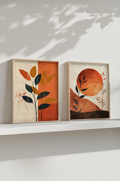 STARYUNA Wooden Framed Abstract Sun and Leaf Themed Double Painting Set Yuna660