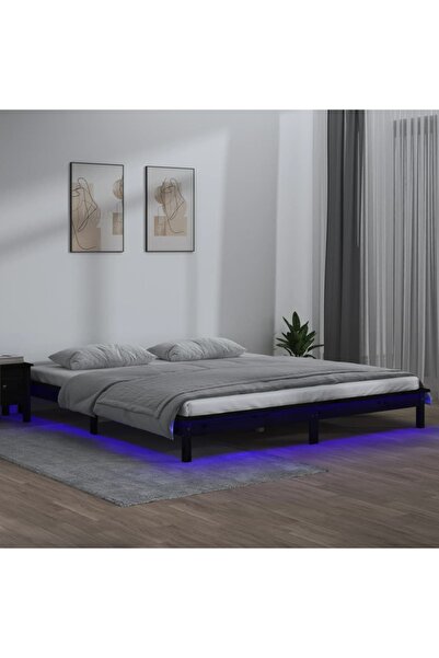 Concept Cadru de pat cu LED, negru, 200x200 cm, lemn masiv