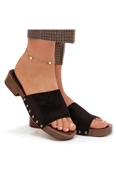 BOTO Sandale plate pentru femei cu știfturi aurii, negre, Girella, 36