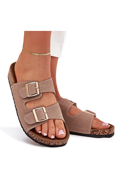 BOTO Sandale de damă cu catarame aurii și cusături kaki Lunera 39