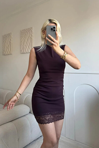 MOZENA Mock Neck Lace Detailed Mini Dress