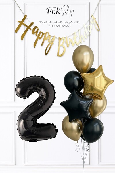 PEKSHOP Siyah Rakam Balonlu Siyah Gold Tema Bannerlı Doğum Günü Balon Seti Se...