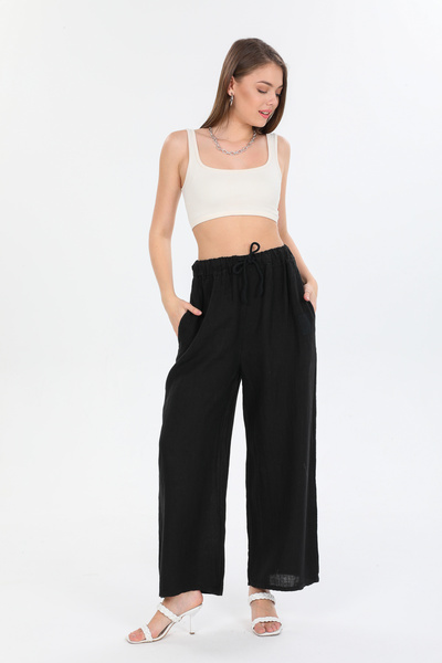 della moor Women's Black Italian B Drawstring Waist B Wide-Leg K Linen Pants ...