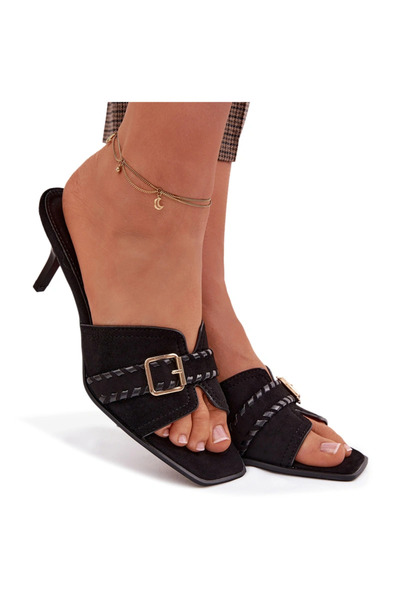 BOTO Sandale damă cu toc înalt, cu baretă și cataramă aurie, negre, Jelira, 41