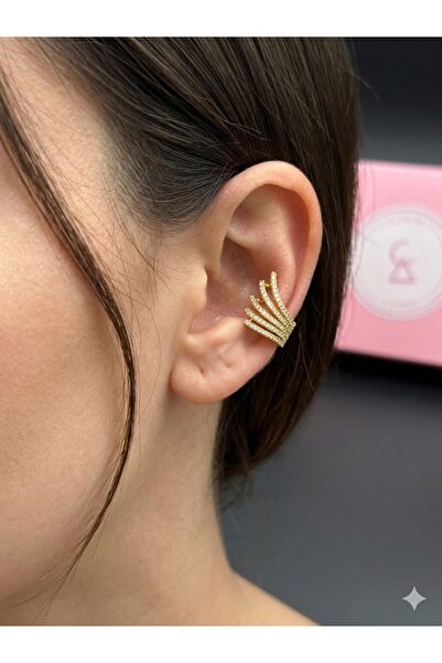 Alsem Gümüş Kanat İşlemeli Kıkırdak Küpe , 5 Sıralı Kristal Earcuff Küpe , Go...