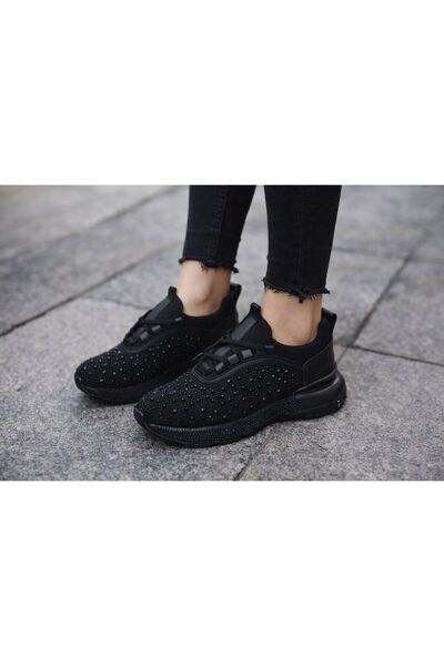 BORNAY Pantofi sport de damă cu șireturi și talpă înaltă, cu aplicații de piatră