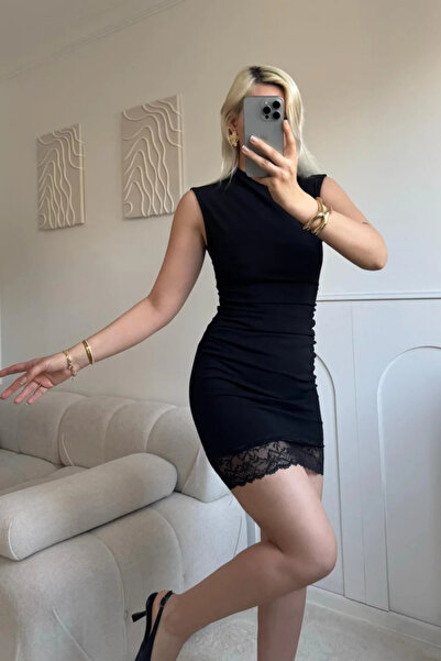 MOZENA Mock Neck Lace Detailed Mini Dress