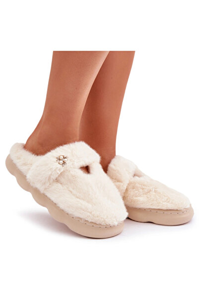 BOTO Papuci de casă cu blană și broșă mică, bej deschis, Primaria, 40/41