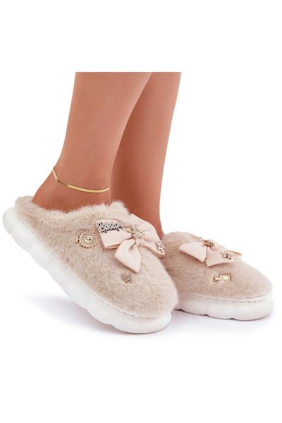 BOTO Papuci de casă cu blană, fundă și accesorii bej, Annalira 40/41